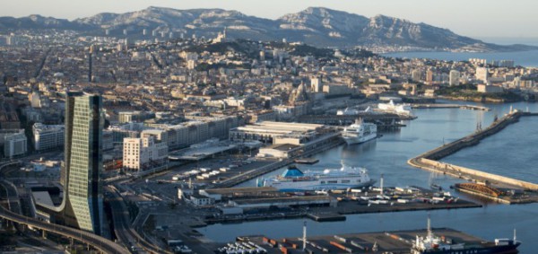 FRANCE. BOUCHES-DU-RHONE (13), MARSEILLE, AERIAL VIEW OF THE PORT OF MARSEILLE. WITH TH CMA-CGM TOWER, THE DOCKS AND THE TERRASSES DU PORT
